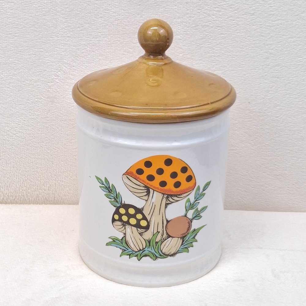 Vintage 1982 Merry Mushroom Sears Roebuck Canister 7" With Lid Japan READ